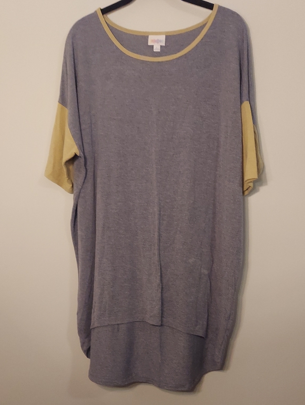 LuLaRoe Irma Heather Gray Top with Yellow Trim, L